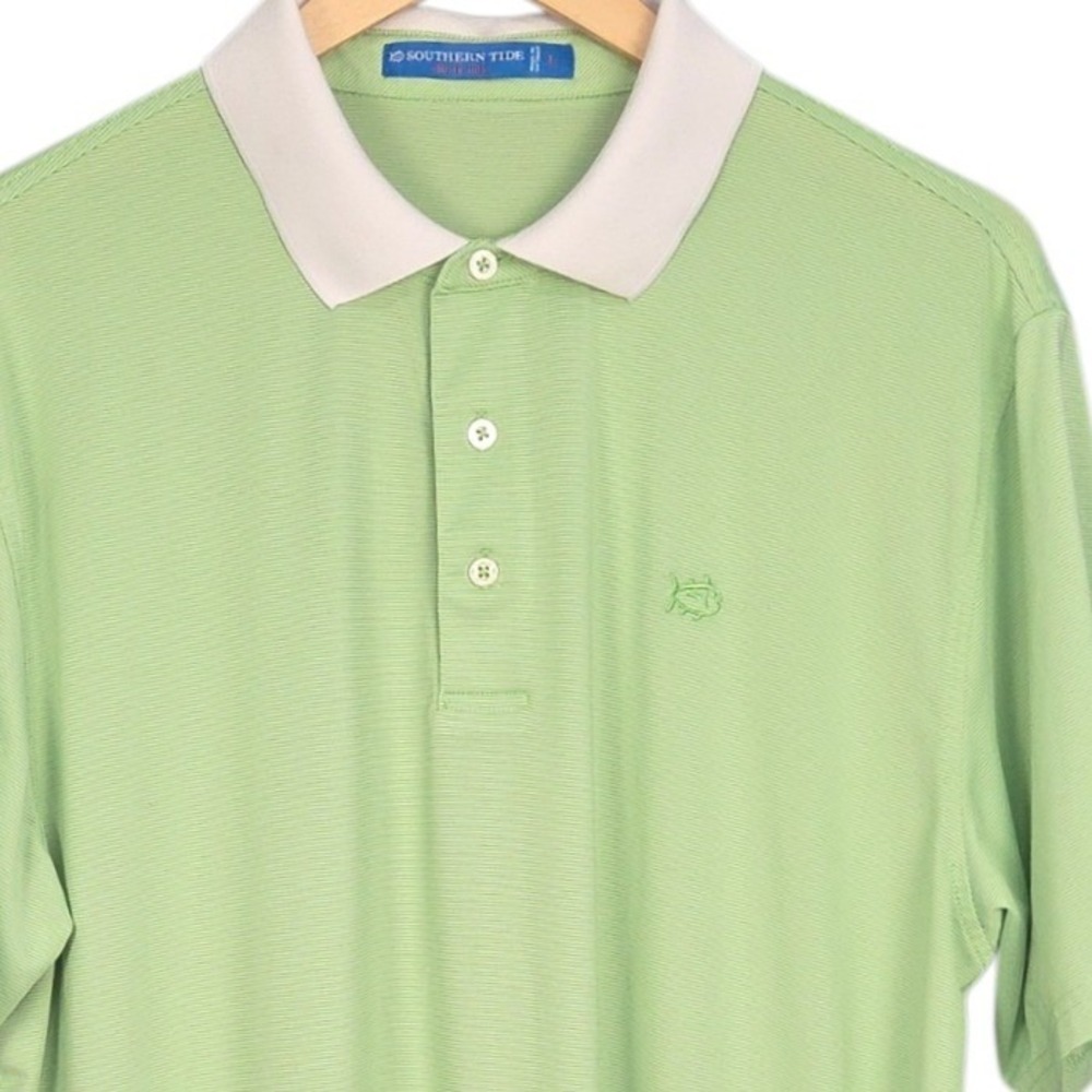 Southern Tide Polo Shirt Mens Large Green White Micro‎ Stripe Short Sleeve Golf